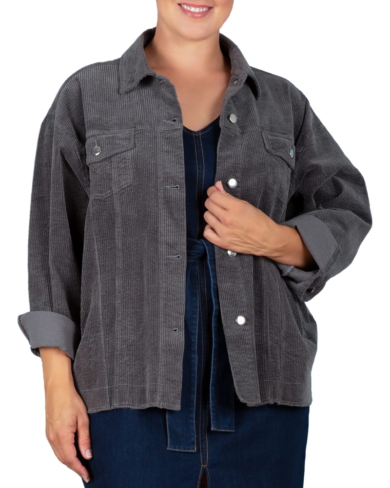 Front of a model wearing a plus size Jasmine Corduroy Jacket in Charcoal by Standards & Practices. | dia_product_style_image_id:239026